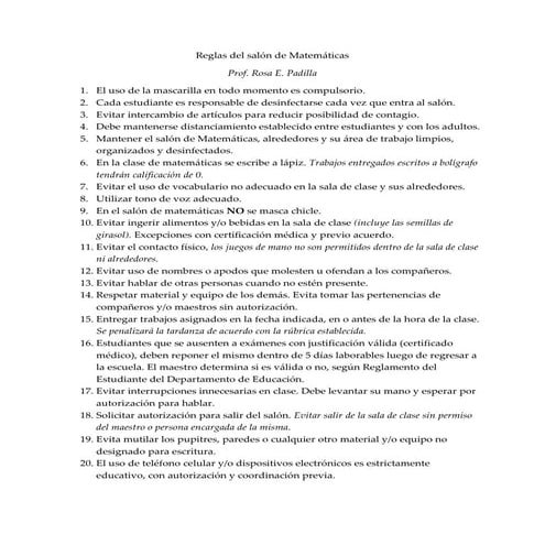 Reglas del salón de matemáticas