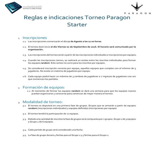 Reglas e indicaciones torneo paragon starter 2016