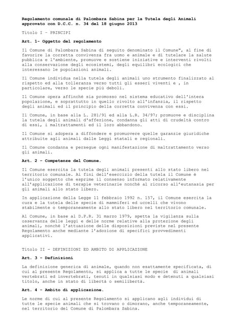 Animali - Palombara Sabina - Regolamento Comunale per la ...