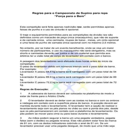 Regras para o campeonato de supino para reps "Força para o Bem"