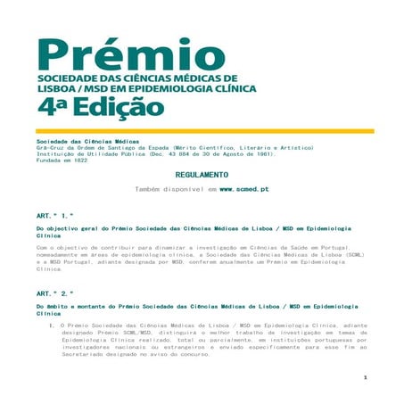 Regulamento Prémio SCML/MSD em Epidemiologia Clínica - 4ª edição