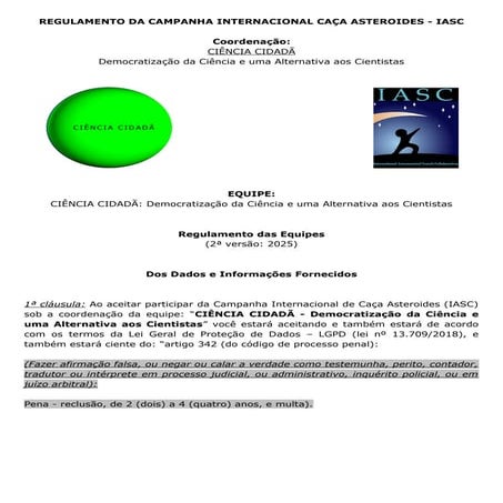 MODELO DE REGULAMENTO: PARA QUEM COORDENA EQUIPES DO IASC (CAMPANHA INTERNACIONAL CAÇA ASTEROIDES)