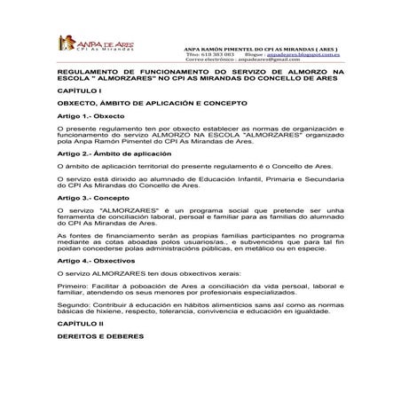 Regulamento de funcionamento do servizo de almorzo na escola