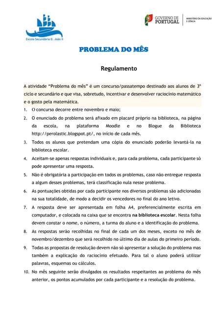 Regulamento problema do mês