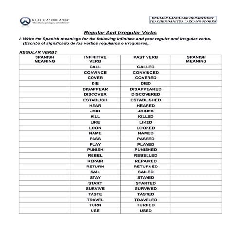 Regular and Irregular Verbs for 4th grades | PDF