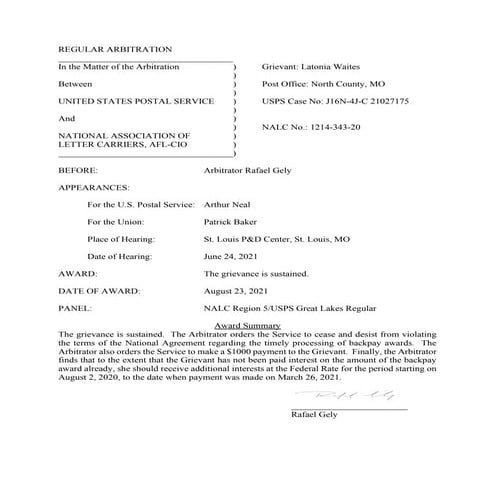 Arbitration Award - Backpay Delay/Advance J16N-4J-C 21027175 | PDF