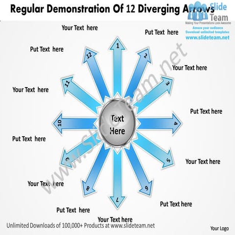 Regular demonstration of 12 diverging arrows radial chart power point templates