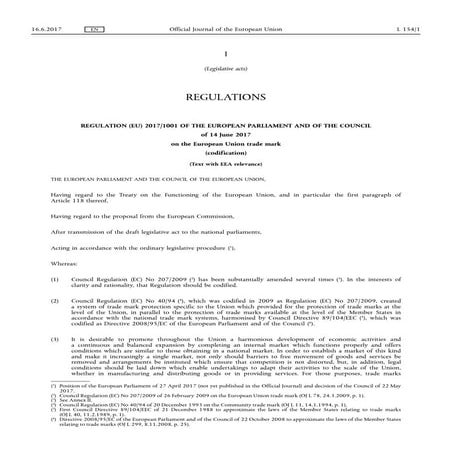 Comprehensive Overview of EU Trade Mark Regulation (EU) 2017/1001 | PDF