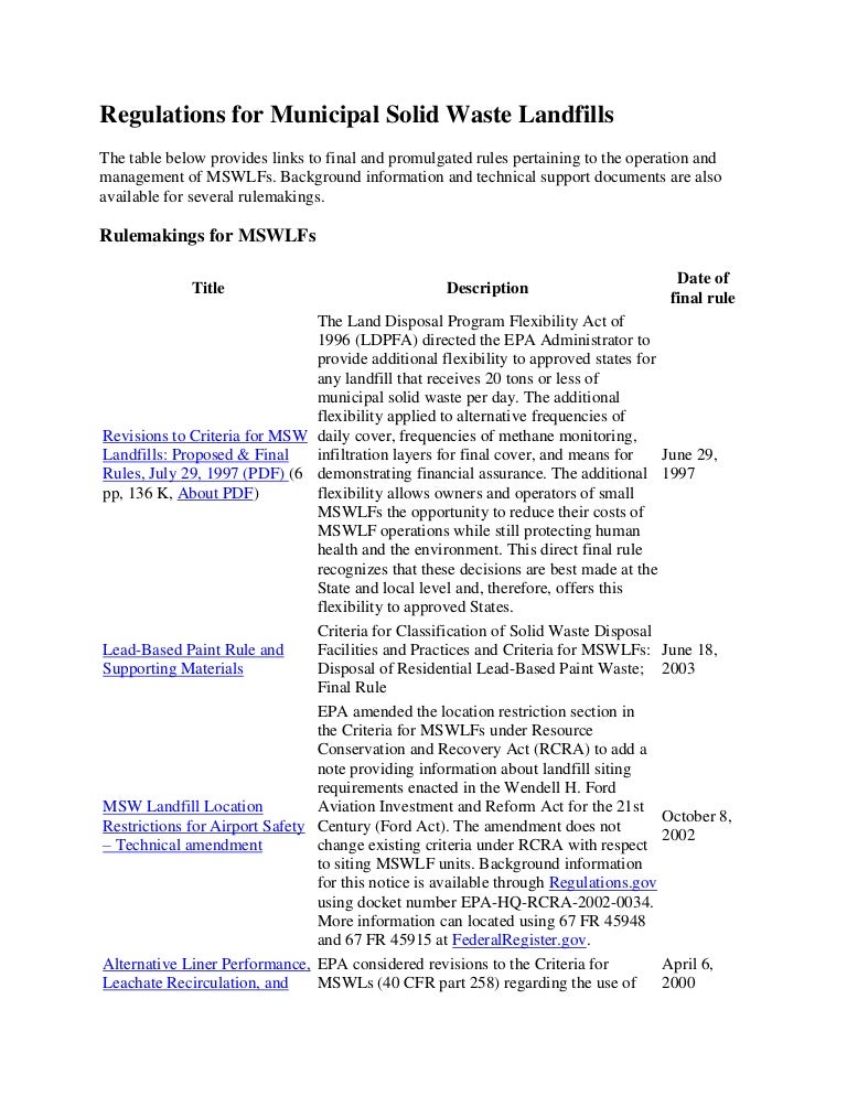 Regulations for municipal solid waste landfills