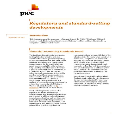 Regulatory Standard Settin Developments- Septmber 2015