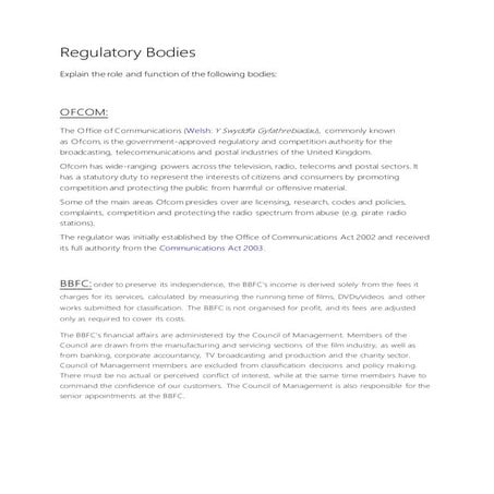 Regulatory bodies homework