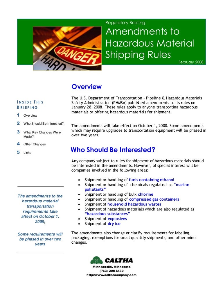 Regulatory Briefing Hazardous Material Shipping Rule Amendments C…