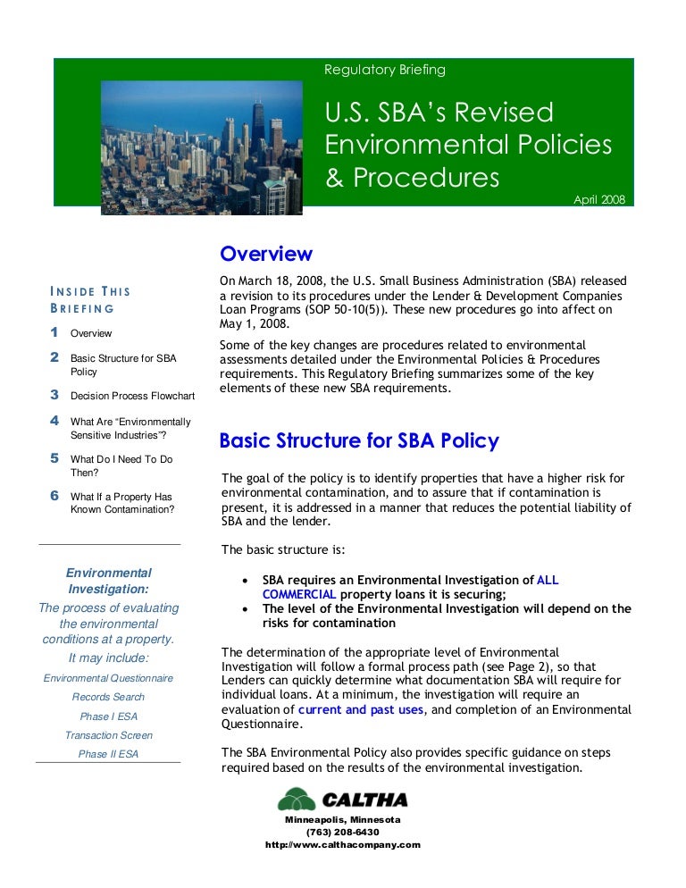 Regulatory Briefing New SBA Environmental Policies And Procedures