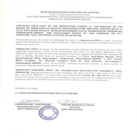 Rehvar Infrastructure Board Resolution for Address Change (2022).pdf