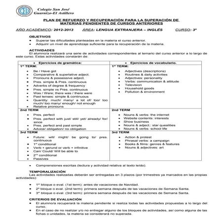 Reinforcement and recovery of outstanding subjects plan de refuerzo y recuper...