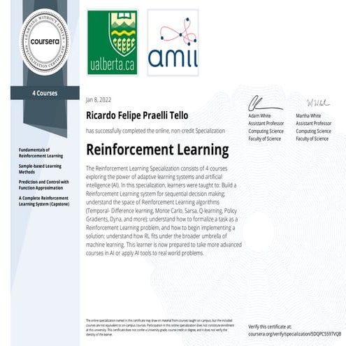 Reinforcement Learning Specialization | PDF