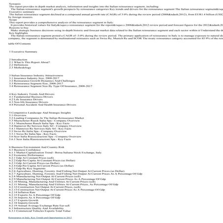 Latest Report: Reinsurance Industry in Italy to 2017