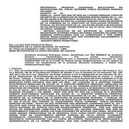 MASON PERUANO Reitera solicitud de no ratificar a magistrado supremo PABLO SANCHEZ VELARDE