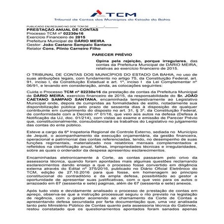 REJEIÇÃO DAS CONTAS DO PREFEITO JOÃO CAETANO (Parecer Prévio)