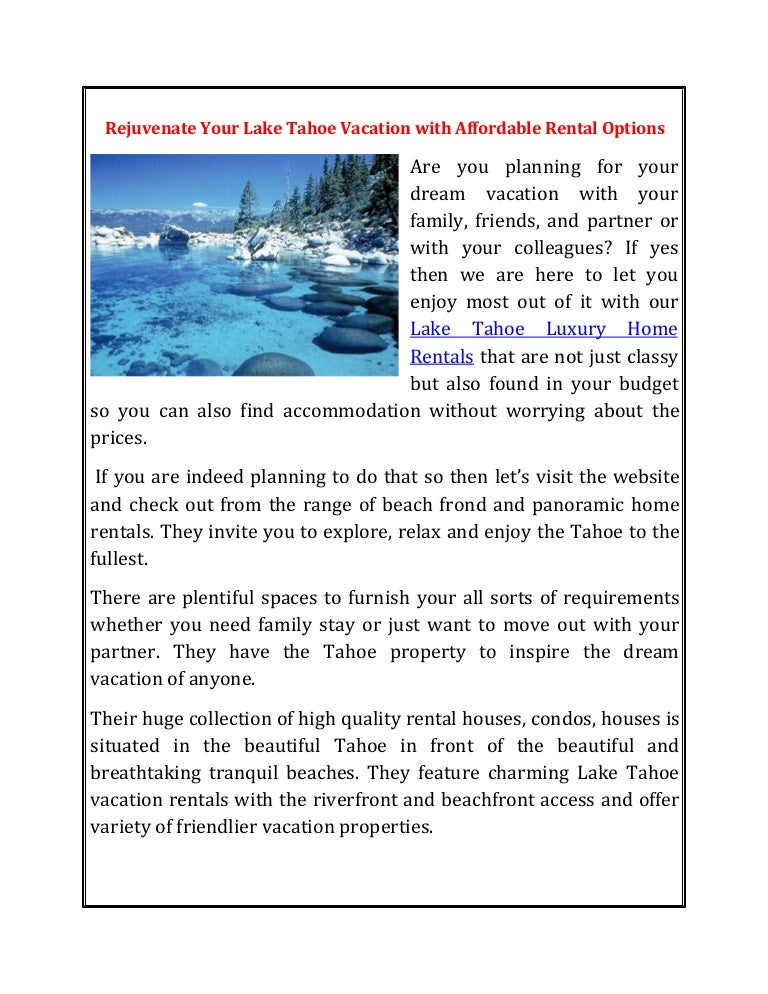 Rejuvenate Your Lake Tahoe Vacation with Affordable Rental Options