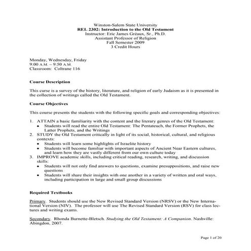 Rel 2302 02 Introduction To The Old Testament Fall 2009 Greaux