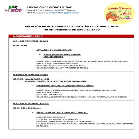 Relación de actividades noviembre del otoño cultural 2015 avetajo  