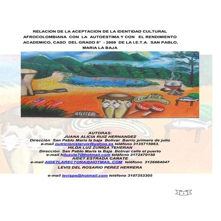 Relacion de la aceptacion de la identidad cultural  afrocolombiana  con  la  autoestima y con   el rendimiento