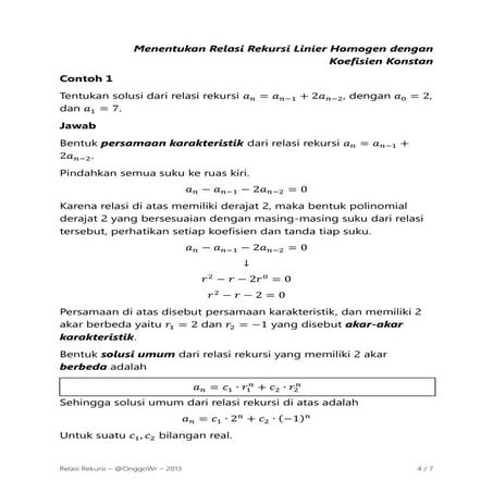 Relasi rekursi (2) : Menentukan solusi relasi Rekursi Linier Homogen Berkoefi...