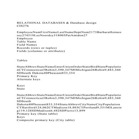 RELATIONAL DATABASES & Database designCIS276EmployeeNumFir.docx