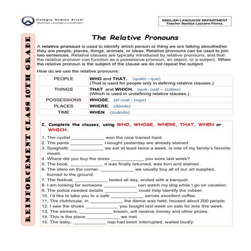 Relative Pronouns 10th grade | PDF