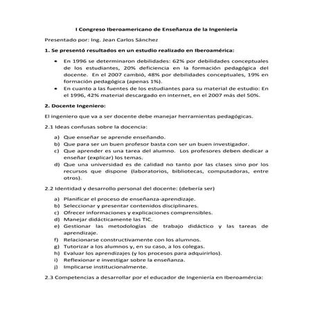 Relatoria del i congreso iberoamericano de enseñanza de la ingeniería