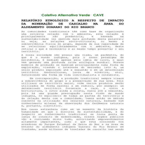Relatorio de impacto ambiental na aldeia Guarani do Rio Branco