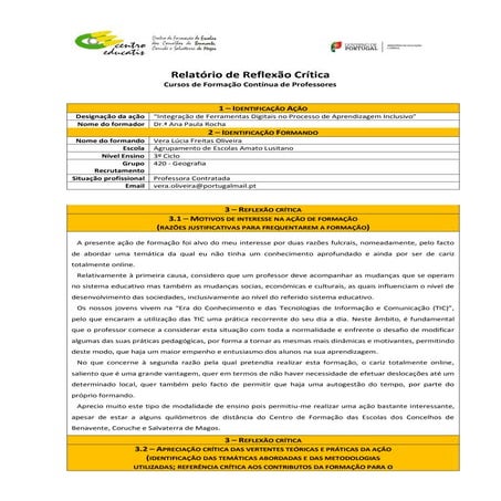 Relatório de Reflexão Crítica - Vera Oliveira