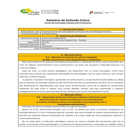 Relat reflex crítica - acacio duarte - Integração de Ferramentas Digitais no ...