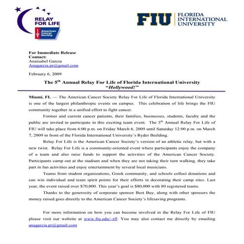 Relay For Life FIU Press Release