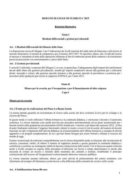 Relazione illustrativa legge di stabilità