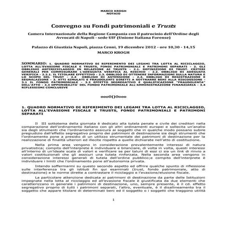 Relazione krogh Trust fondo parimoniane riciclaggio