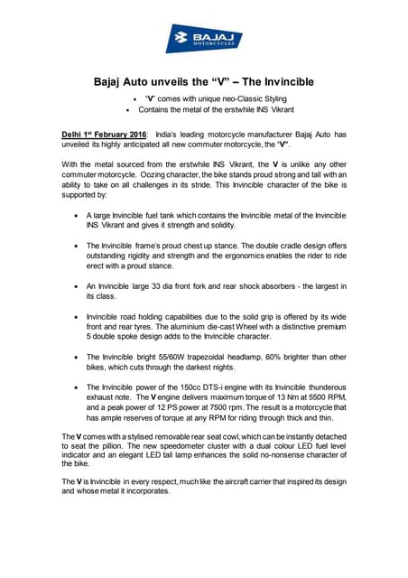Bajaj V - Press Release
