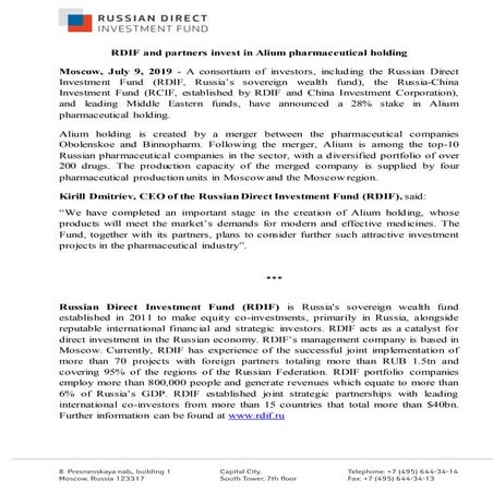 RDIF and partners invest in Alium pharmaceutical holding