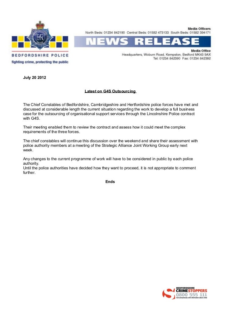 Beds / Herts / Cambs Police statement re G4S
