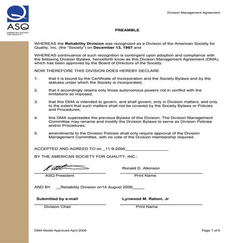 Reliability Division Management Agreement 2006 11