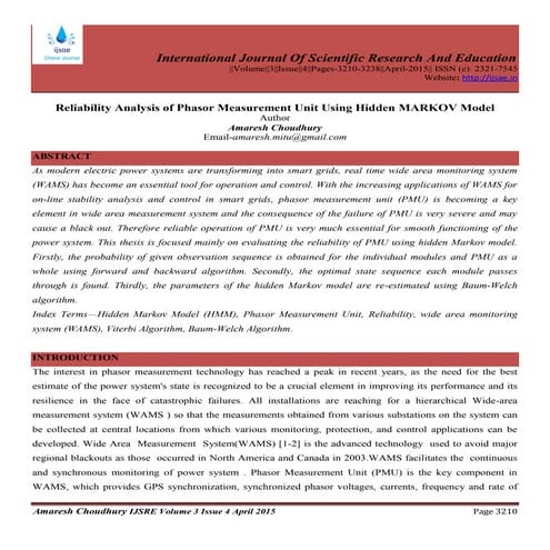Reliability analysis of pmu using hidden markov model