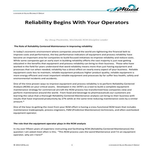 Asset Reliability Begins With Your Operators
