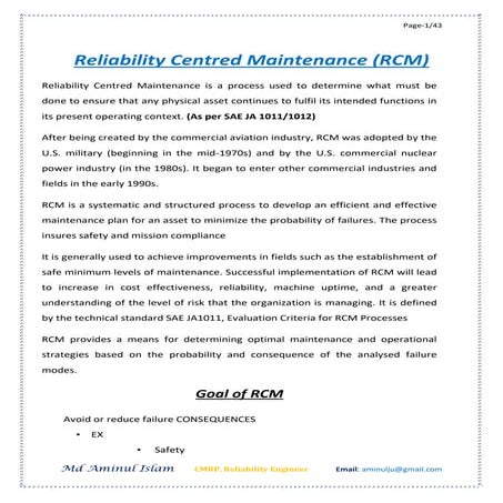 Reliability Centred Maintenance - RCM by Aminul Islam