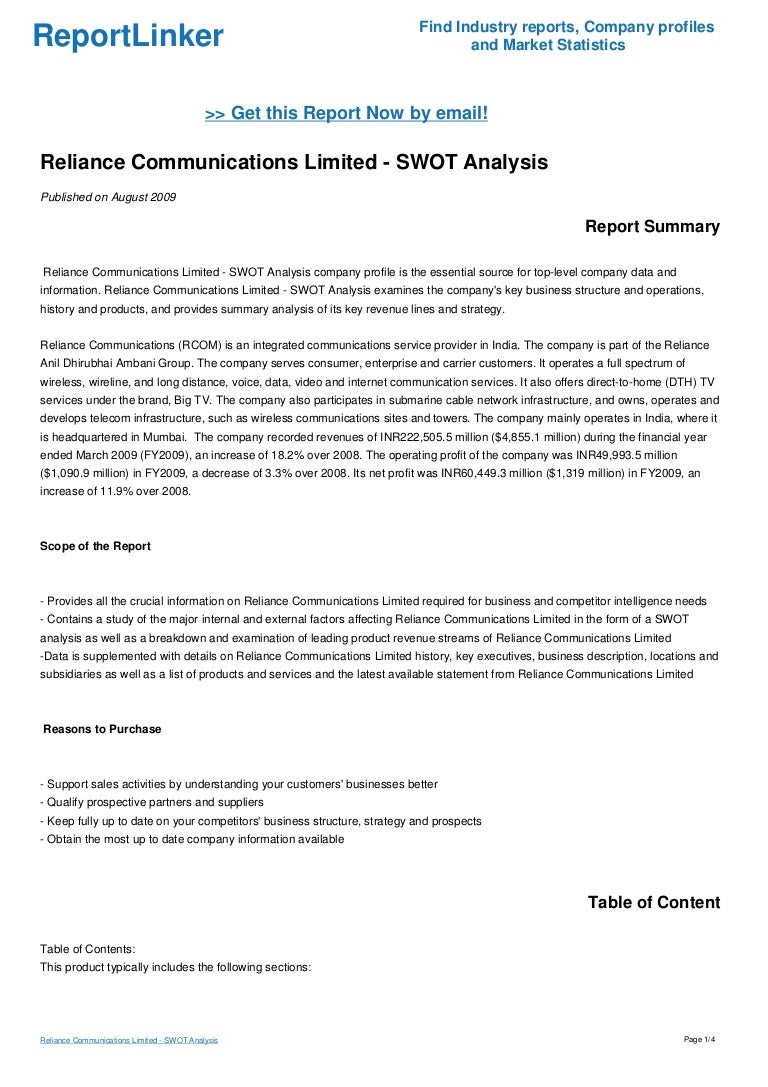 Swot analysis of reliance communication essay picture