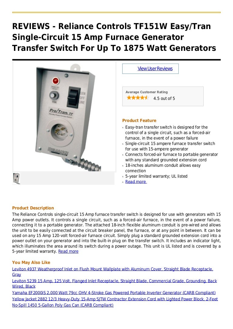 Reliance controls tf151 w easy tran single circuit 15 amp furnace gen…