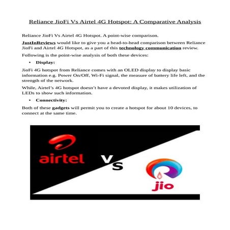 Reliance jio fi vs airtel 4g hotspot: a comparative analysis | PDF