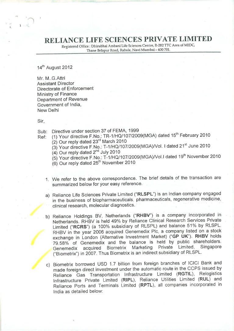 Reliance Life Sciences Letter to Enforcement Directorate dated 14/08/…