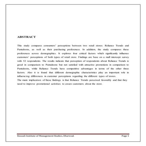 A systematic study on customer perception towards reliance trends in comparis...