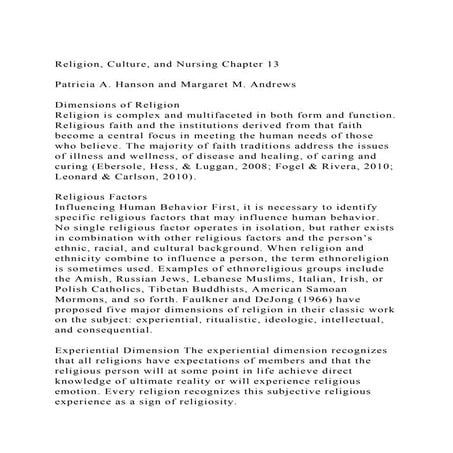 Religion, Culture, and Nursing Chapter 13 Patricia A. Hanson a.docx